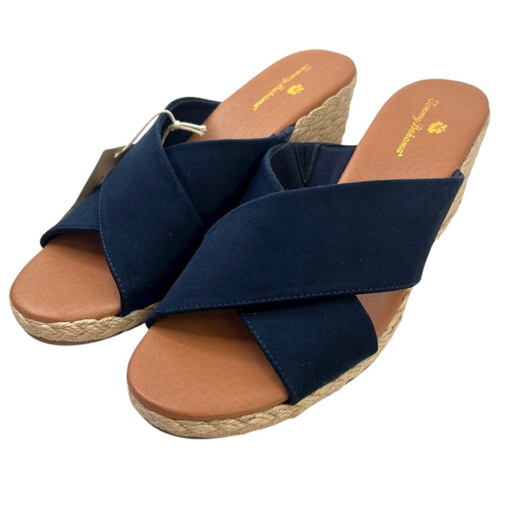 TOMMY BAHAMA Wedge Espadrille Cloth Sandal in Navy Blue & Beige Women's Size 10 - Picture 5 of 10